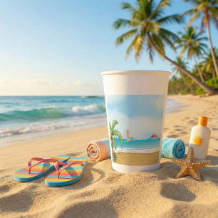 Vasos De Papel Niños navegando en la playa tropical Océano verani