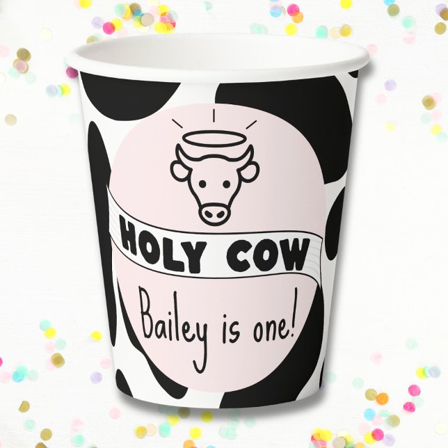 Vasos De Papel Noche de vacas sagradas fiesta de cumpleaños vaca  (Holy Cow birthday party paper cups custom name and age cute modern cups pink cow print )
