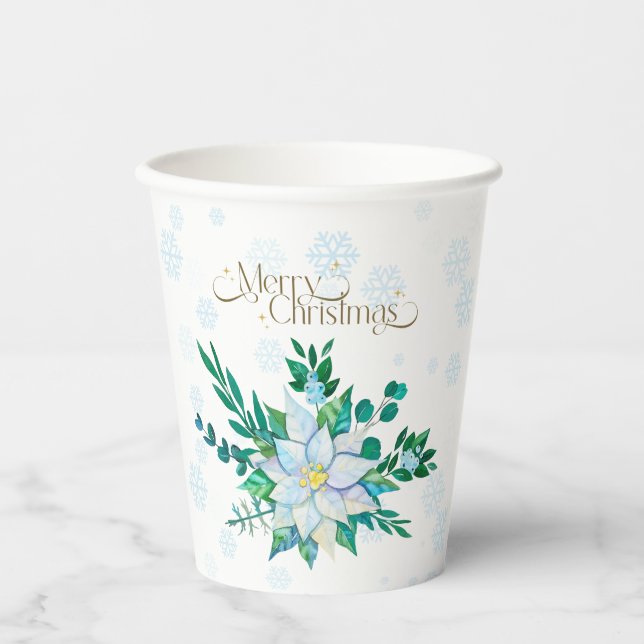 Vasos De Papel Nochebuena Nochebuena Poinsettia White Snowflakes (Anverso)