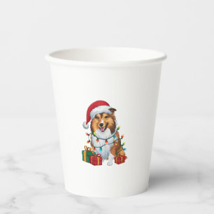 Vasos De Papel Noches iluminando Santa Hat Shetland Sheepdog Chri
