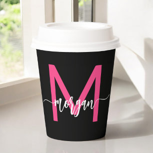 Vasos De Papel Nombra de Monograma del guión moderno rosado calie