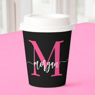 Vasos De Papel Nombra de Monograma del guión moderno rosado calie