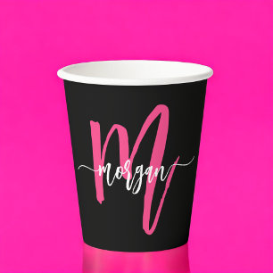 Vasos De Papel Nombra de Monograma del guión moderno rosado calie