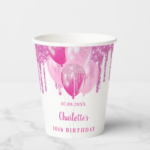 Vasos De Papel Nombramiento de globos purpurinas rosados chicas d