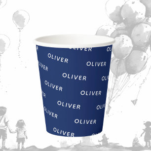 Vasos De Papel Nombre azul oscuro para cumpleaños de niños