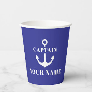 Vasos De Papel Nombre de Capitán Personalizado Ancla Azul