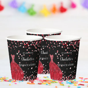 Vasos De Papel Nombre de confeti de traje rojo negro de Quinceane