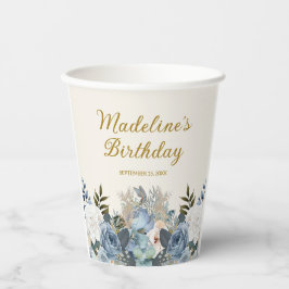 Vasos De Papel Nombre de cumpleaños Dusty Blue Floral Blue
