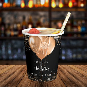 Vasos De Papel Nombre de globos de oro negro de la fiesta de cump