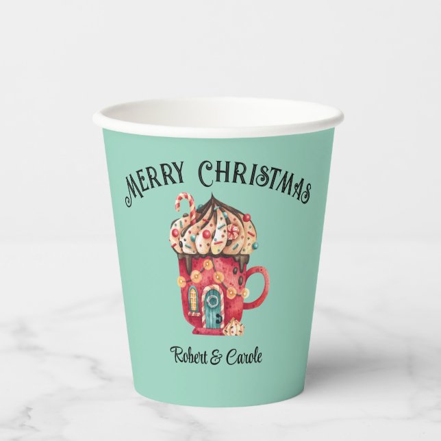 Vasos De Papel Nombre, Feliz Navidad Magical Candy House 8oz (Anverso)
