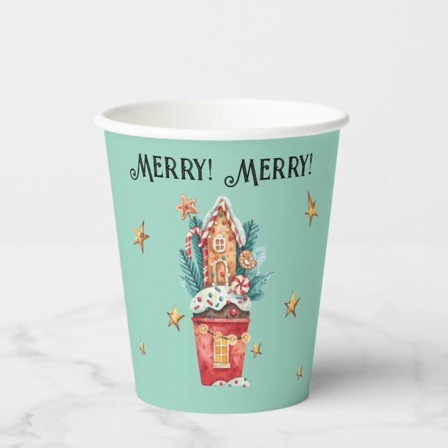 Vasos De Papel Nombre, Merry Merry Cute Gingerbread House Planta  (Anverso)