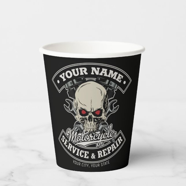 Vasos De Papel NOMBRE Personalizado Biker Mechanic Skull Motorcyc (Anverso)