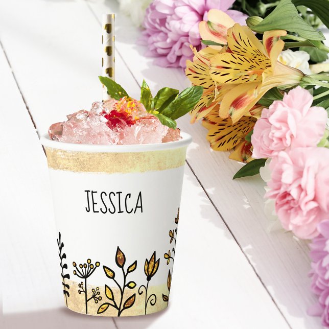 Vasos De Papel Nombre personalizado Cute Oro Floral Blanco y Negr (Subido por el creador)
