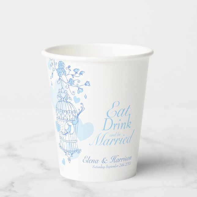 Vasos De Papel  Nombre personalizado de boda de jaulas azul y bla (Anverso)