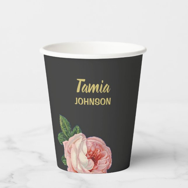 Vasos De Papel Nombre personalizado de flor rosa (Anverso)