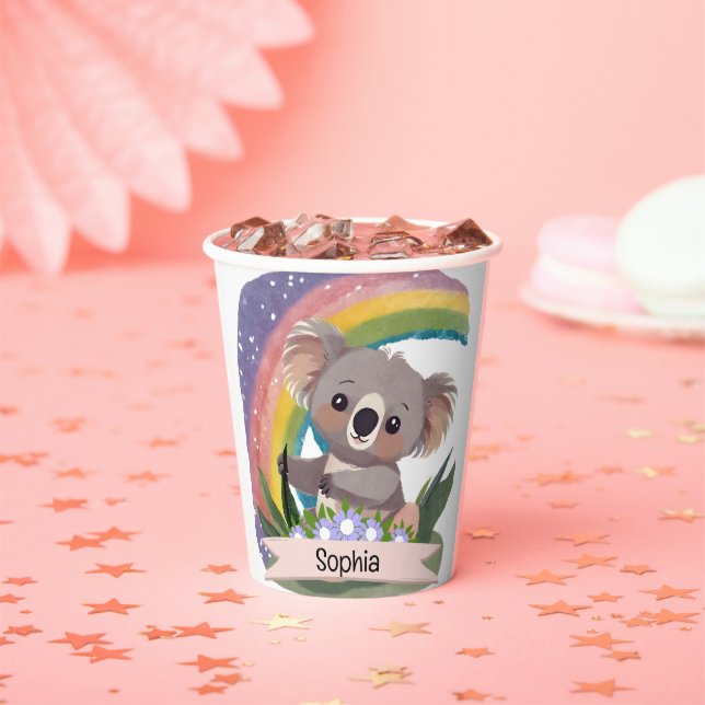 Vasos De Papel Nombre personalizado del bebé de Koala Arcoiris (in situ)