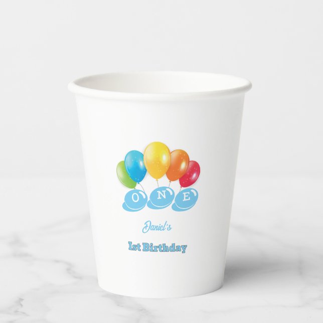 Vasos De Papel Nombre personalizado del niño de primer cumpleaños (Anverso)