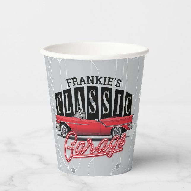 Vasos De Papel NOMBRE personalizado Faux Neon 1950's Classic Car  (Anverso)