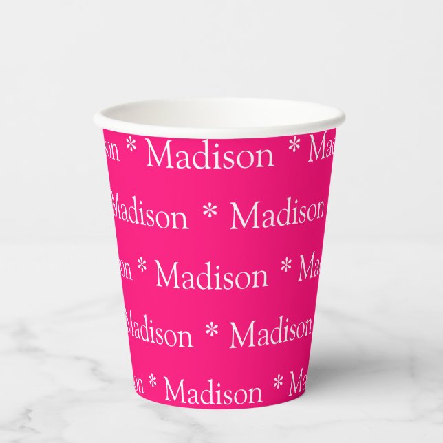 Vasos De Papel Nombre personalizado fuchsia patrón blanco rosado  (Anverso)