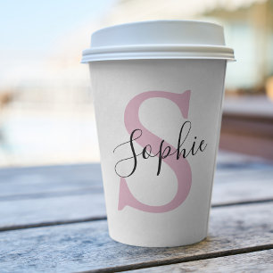 Vasos De Papel Nombre personalizado moderno Monograma rosa