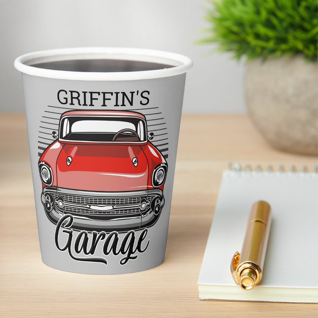 Vasos De Papel NOMBRE personalizado Retro Red Classic Car Garage (Subido por el creador)
