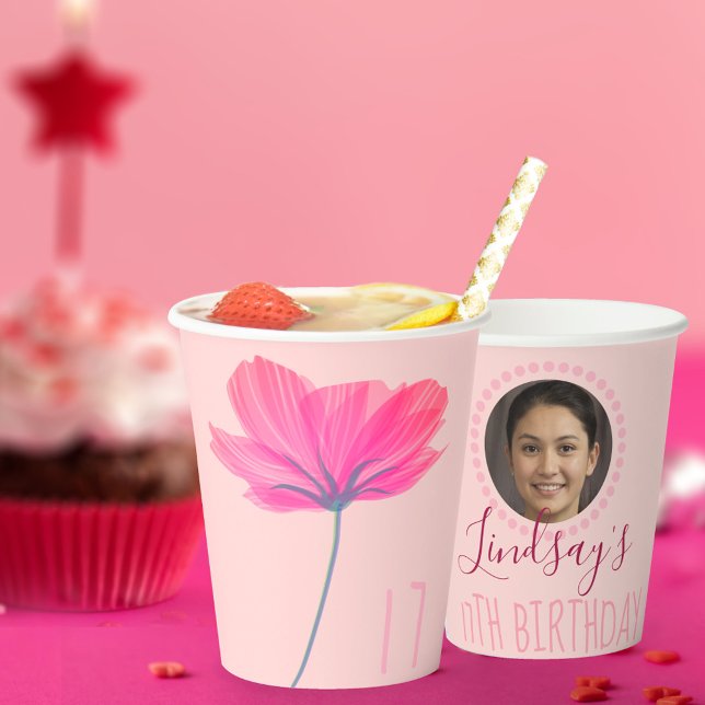 Vasos De Papel Nombre personalizado y foto cumpleaños con flores  (Subido por el creador)