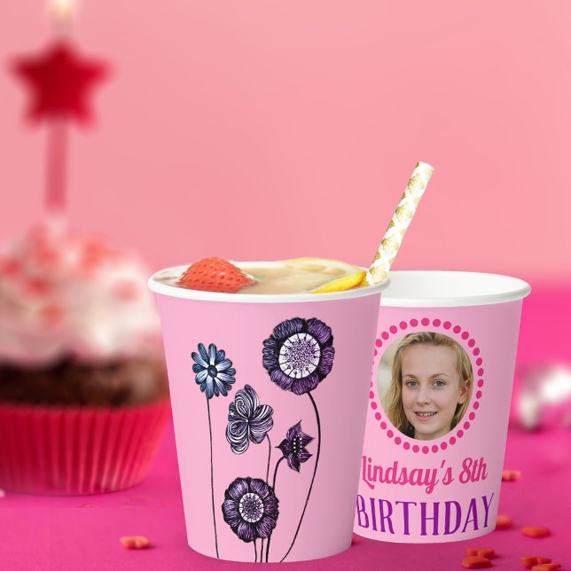 Vasos De Papel Nombre personalizado y foto cumpleaños con flores  (Subido por el creador)