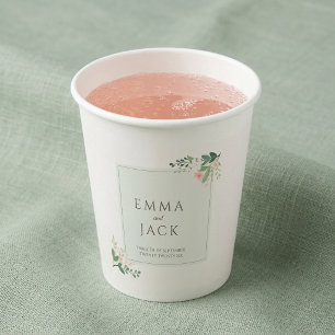 Vasos De Papel Nombres de boda con vegetación rosa suave