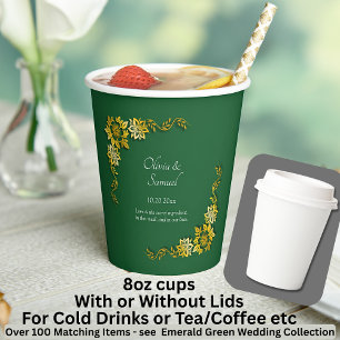 Vasos De Papel Nombres Fecha Mensaje Verde Esmeralda y Dorado 8oz