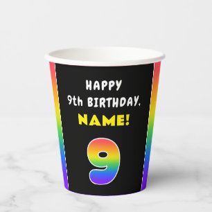 Vasos De Papel Noveno cumpleaños: arcoiris colorido # 9, nombre p