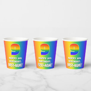 Vasos De Papel Noveno cumpleaños: Colorido, divertido patrón arco