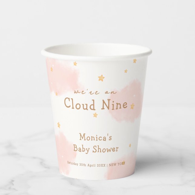Vasos De Papel Nube Rosa Cute Nueve Niña Ducha Bebé (Anverso)