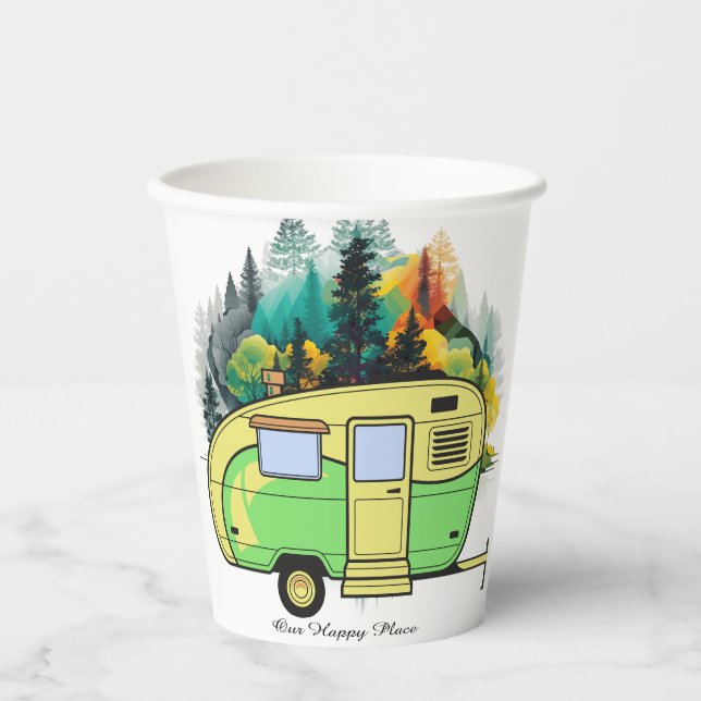 Vasos De Papel Nuestro Lugar Feliz. Camping retro (Anverso)