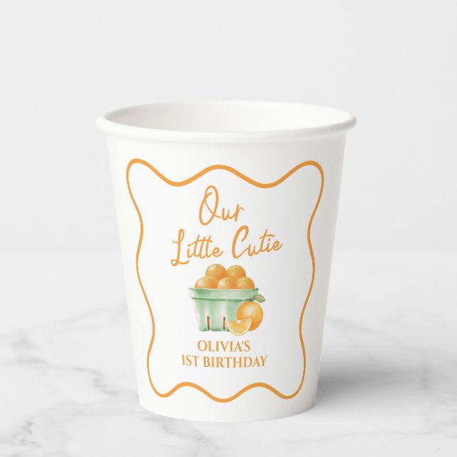 Vasos De Papel Nuestro pequeño cumpleaños naranja tierno (Anverso)
