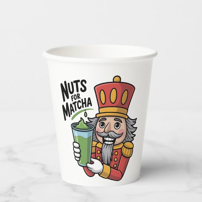 Vasos De Papel Nutcracker Holding Matcha Latte Divertidos Nueces  (Anverso)