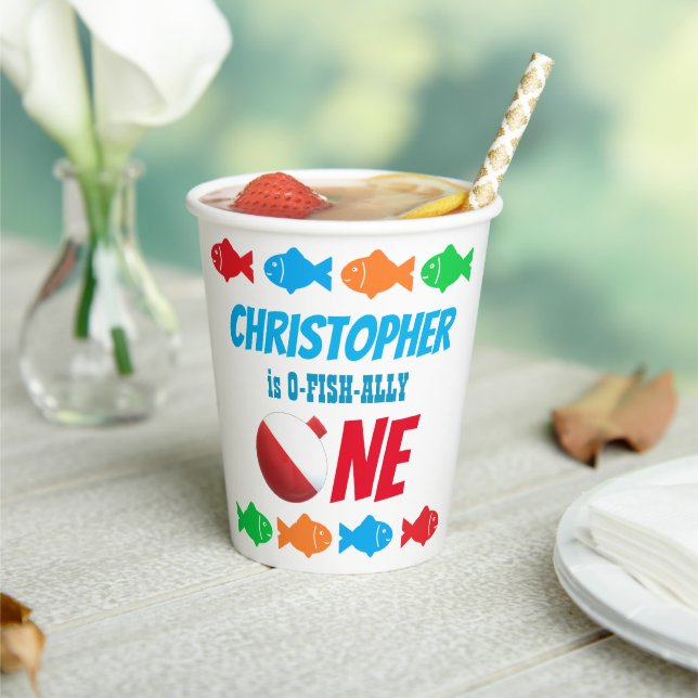 Vasos De Papel O-Fish-Ally Un pescador Primer cumpleaños
