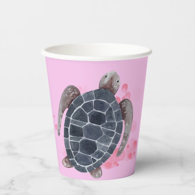 Vasos De Papel Ocean Animals Tortuga niños cumpleaños Fiesta rosa (Anverso)
