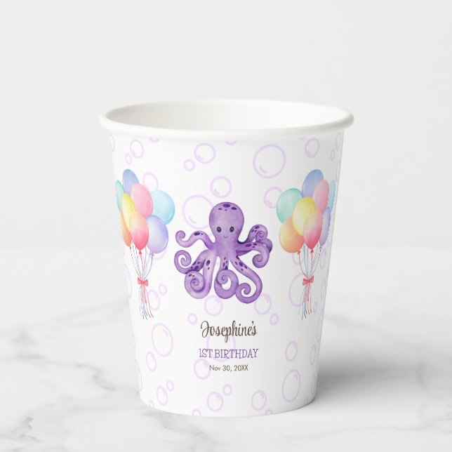Vasos De Papel Octopus Balloon Purple Bubble Kids Cumpleaños (Reverso )
