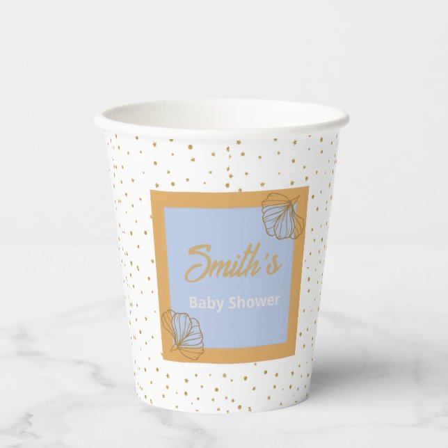 Vasos De Papel Oh Baby Blue Gold Ginkgo Leaf Baby Shower (Anverso)