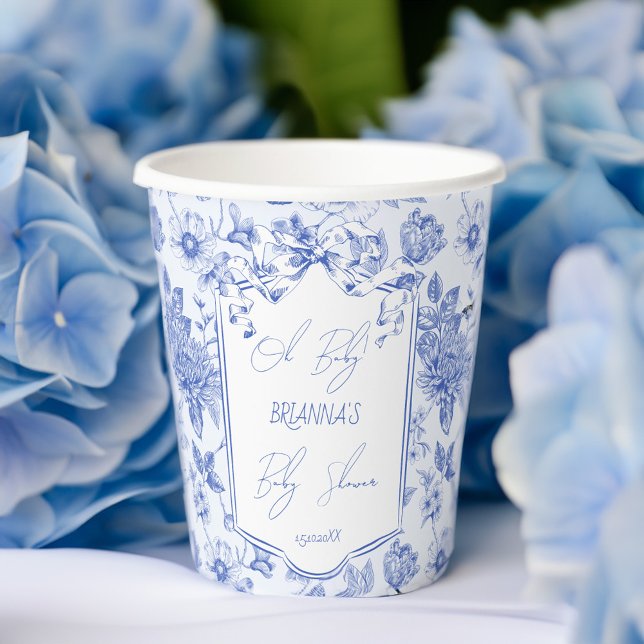 Vasos De Papel Oh baby blue toile de jouy bow baby ducha (Oh baby blue toile de jouy vintage bow baby sketch shower monogrammed paper cups personalized decor)