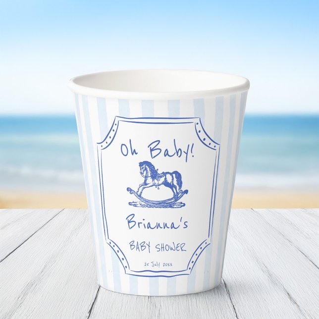 Vasos De Papel Oh bebé azul mecanografía de caballo bebé ducha de (Oh baby blue rocking horse handrawn sketch vintage western baby shower personalized paper cups)