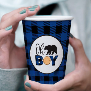 Vasos De Papel Oh Boy Bear azul de cuadros de Búfalo Baby Shower
