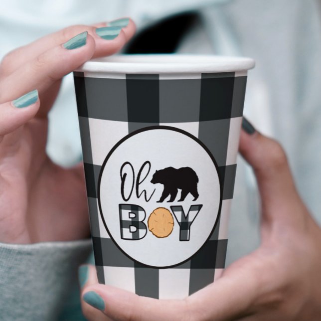 Vasos De Papel Oh Boy Bear negro Búfalo Planchado Baby Shower (Subido por el creador)