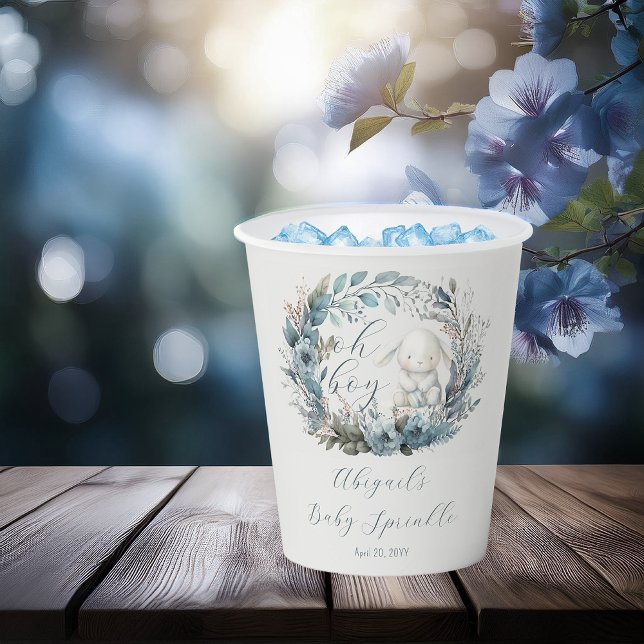 Vasos De Papel Oh Boy Bunny Rabbit Blue Floral Baby Sprinkle (Bunny Rabbit and Blue Floral Wreath Boy Baby Sprinkle Paper Cups - "Oh Boy" Bunny Collection)