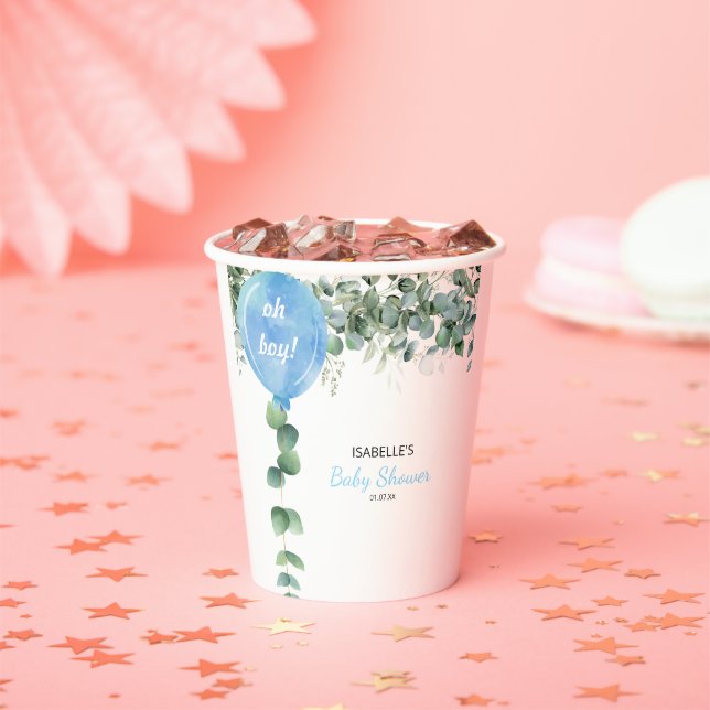Vasos De Papel Oh Boy globo verde eucalipto bebé ducha (in situ)