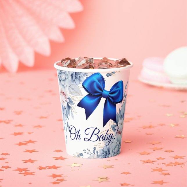 Vasos De Papel ¡Oh, nena! Elegante Baby Shower Floral Blue Bow (in situ)