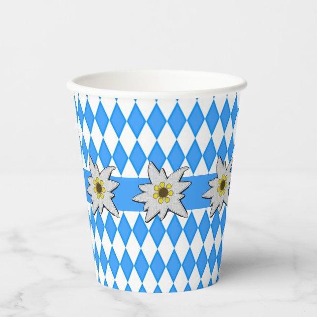 Vasos De Papel Oktoberfest azul y blanco con Edelweiss  (Anverso)