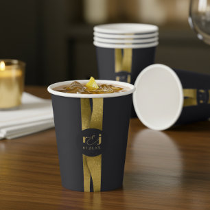 Vasos De Papel Olas Esculturales Boda Negro Mate Oro ID1312