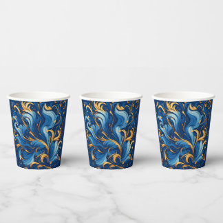 Vasos De Papel Olas Reales de Capricho Remolinos de Azul y Dorado