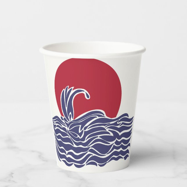 Vasos De Papel Olas y puesta de sol en los océanos rojo, blanco y (Anverso)